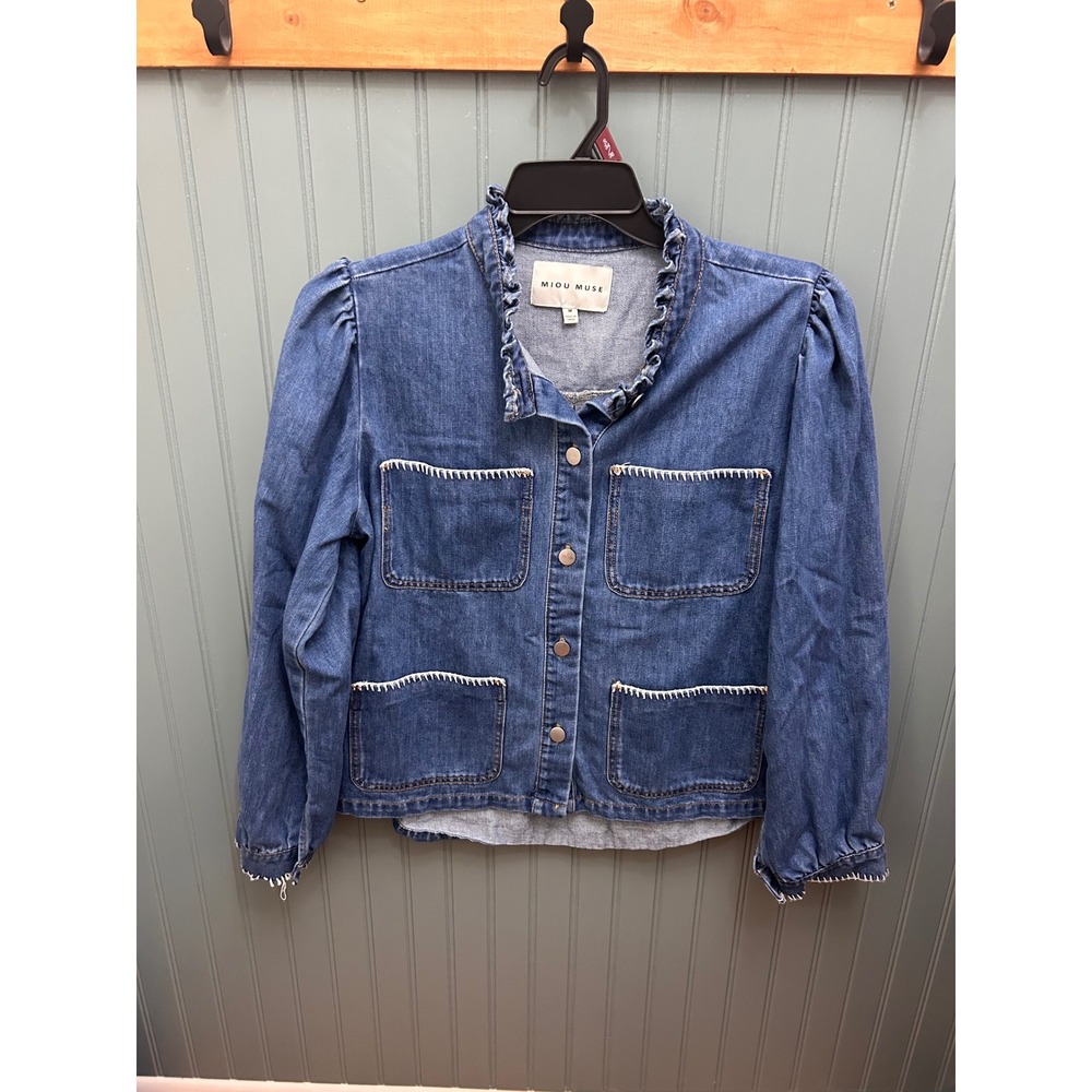 Miou Muse Blue Denim Ruffle Collar Puff Sleeve Blanket Stitch Jacket Medium